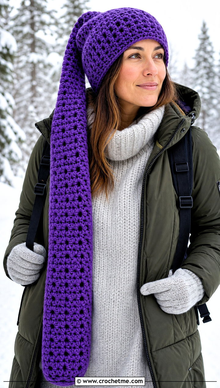 Extra Long Crochet Stocking Hat With Parka - 25 easy crochet stocking hat outfit ideas