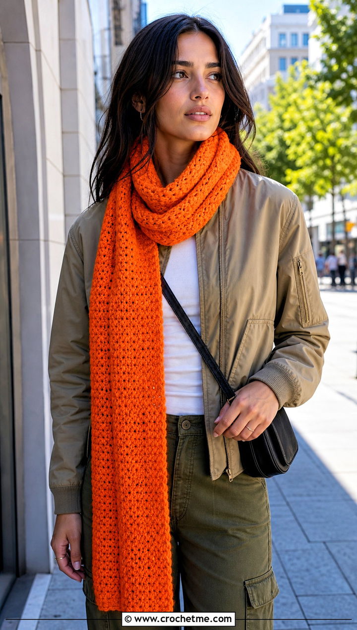 Extra Long Crochet Tube Scarf With Cargo Pants - 20 Crochet Tube Scarf outfit ideas
