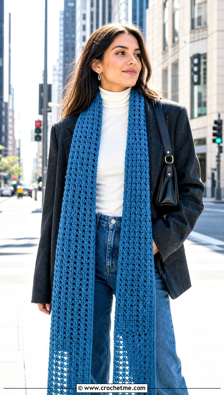 Extra Long Crochet V Stitch Scarf With Blazer And Jeans - 30 crochet v stitch scarf outfit ideas