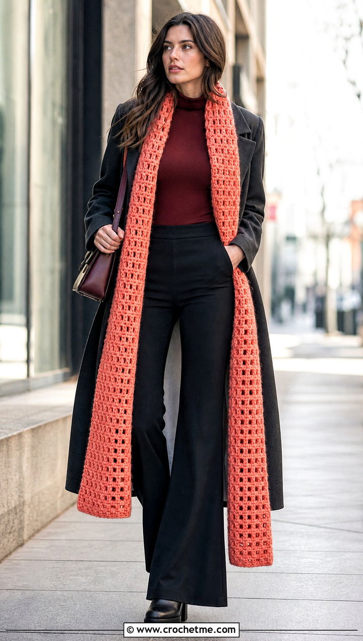 Extra Long Double Crochet Scarf With Maxi Coat And Platform Boots - 35 double crochet scarf outfit ideas