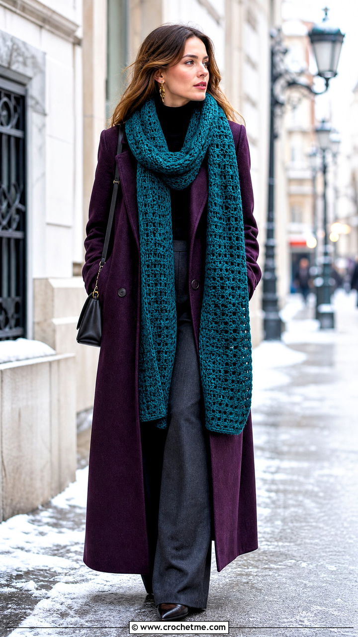 Extra Long Double Wrap Crochet Infinity Scarf With Maxi Coat - 35 crochet infinity scarf outfit ideas