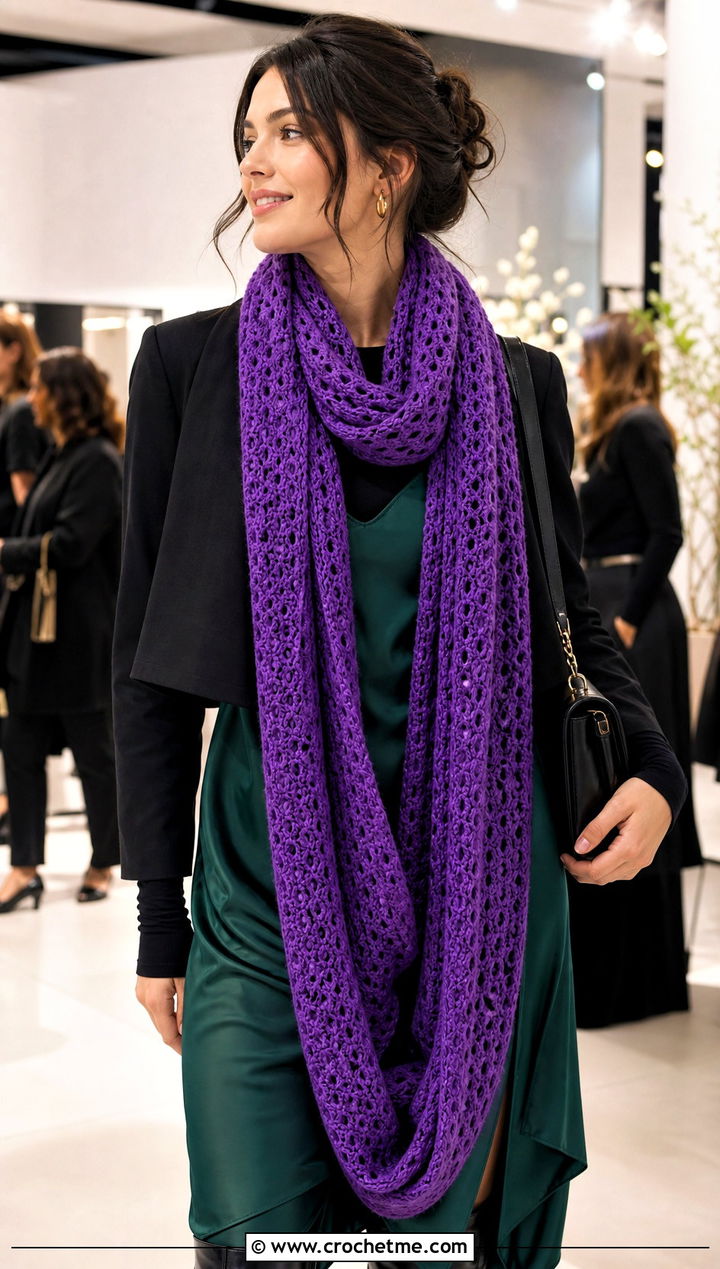 Extra Long Double Wrap Infinity Scarf With Slip Dress - 15 One Skein Crochet Infinity Scarf outfit ideas