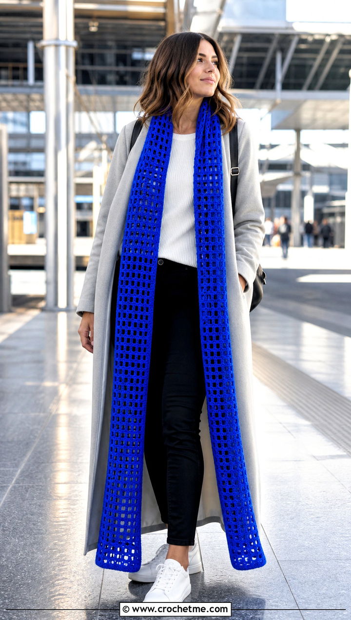 Extra Long Filet Crochet Scarf With A Maxi Coat And Sneakers - 35 filet crochet scarf outfit ideas