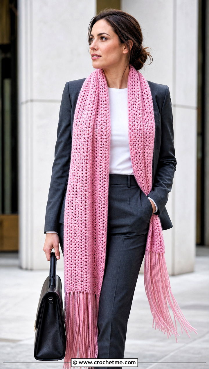Extra Long Fringe Scarf With Tailored Suit - 25 Crochet Scarf Fringe Ideas