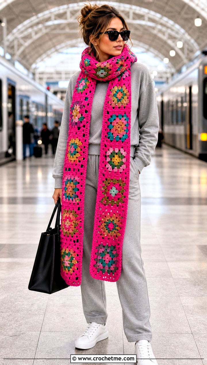 Extra Long Granny Scarf With Sweatsuit - 35 granny crochet scarf outfit ideas