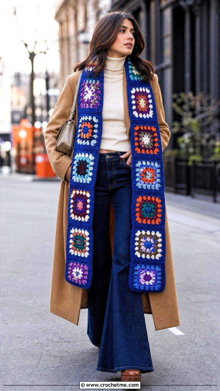 Extra Long Granny Square Scarf With Duster Coat And Flared Jeans - 35 granny square scarf outfit ideas