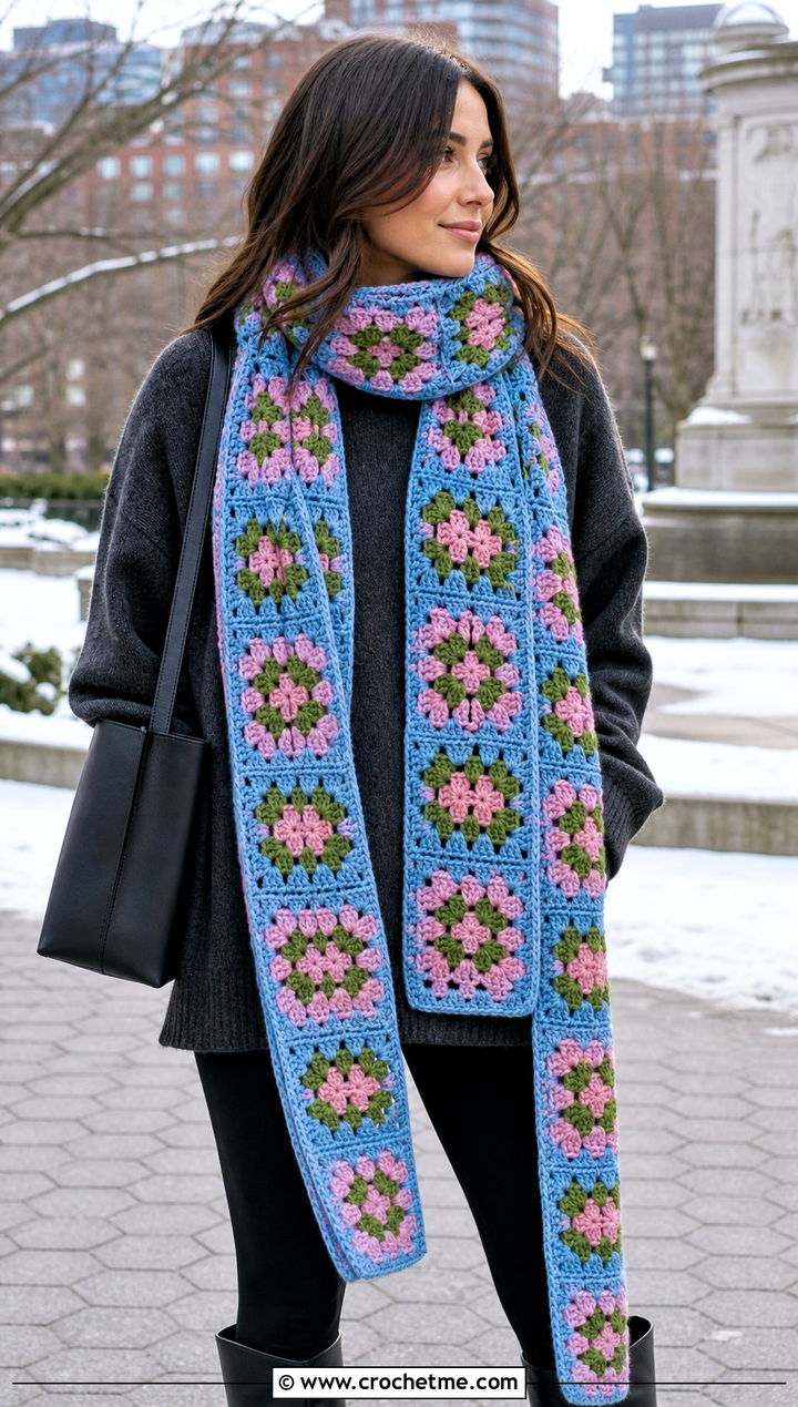 Extra Long Granny Square Scarf With Sweater And Leggings - 30 crochet granny square scarf outfit ideas
