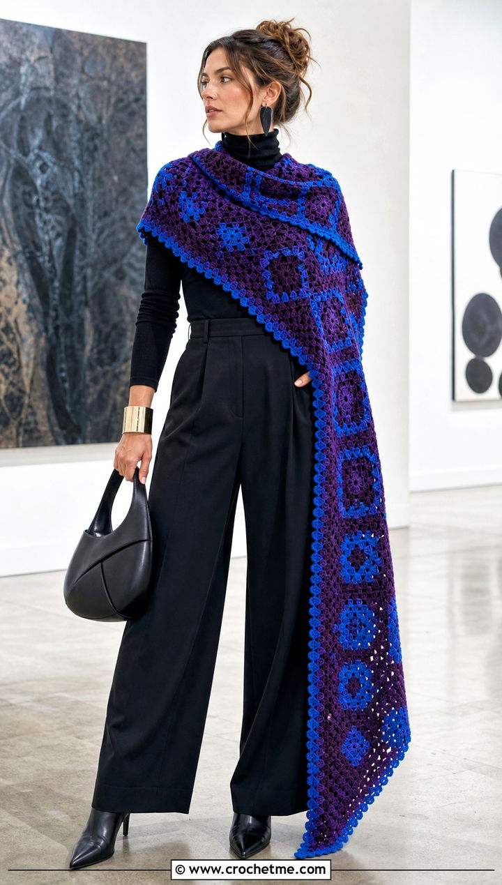 Extra Long Granny Square Triangle Shawl With Gallery Outfit - 30 granny square triangle shawl outfit ideas