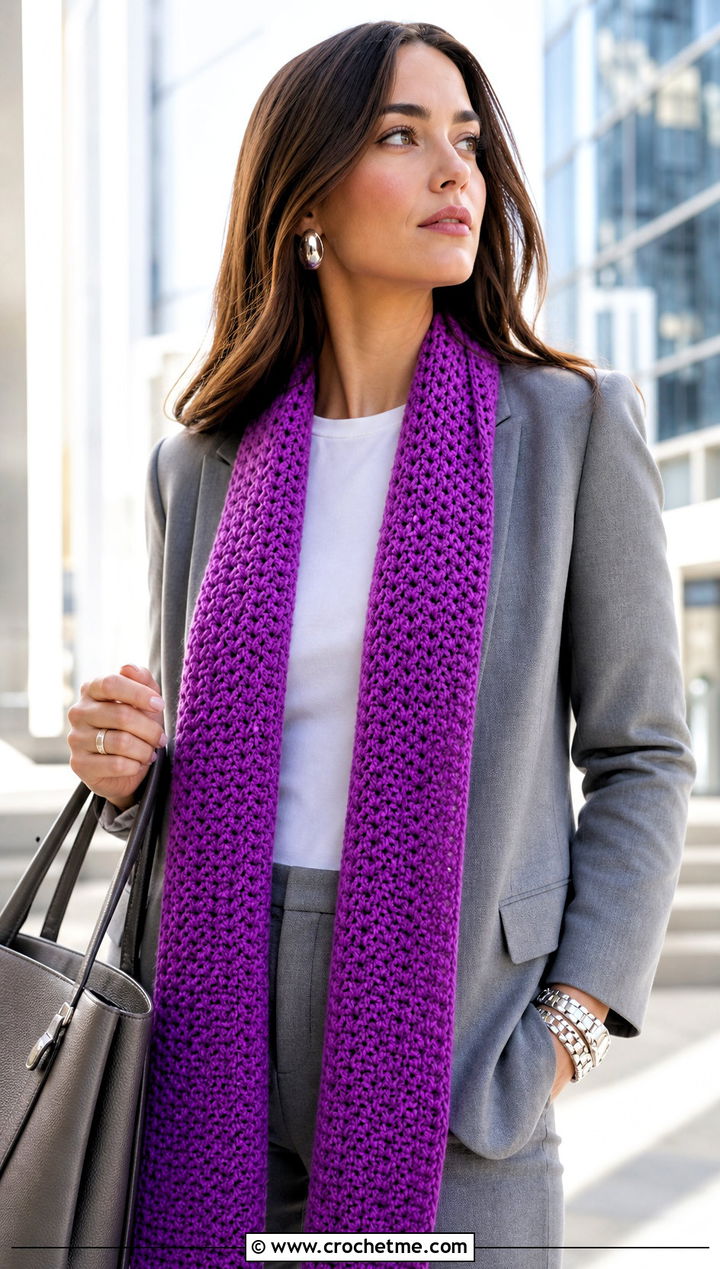Extra Long HDC Crochet Scarf With Tailored Suit - 20 Hdc Crochet Scarf outfit ideas