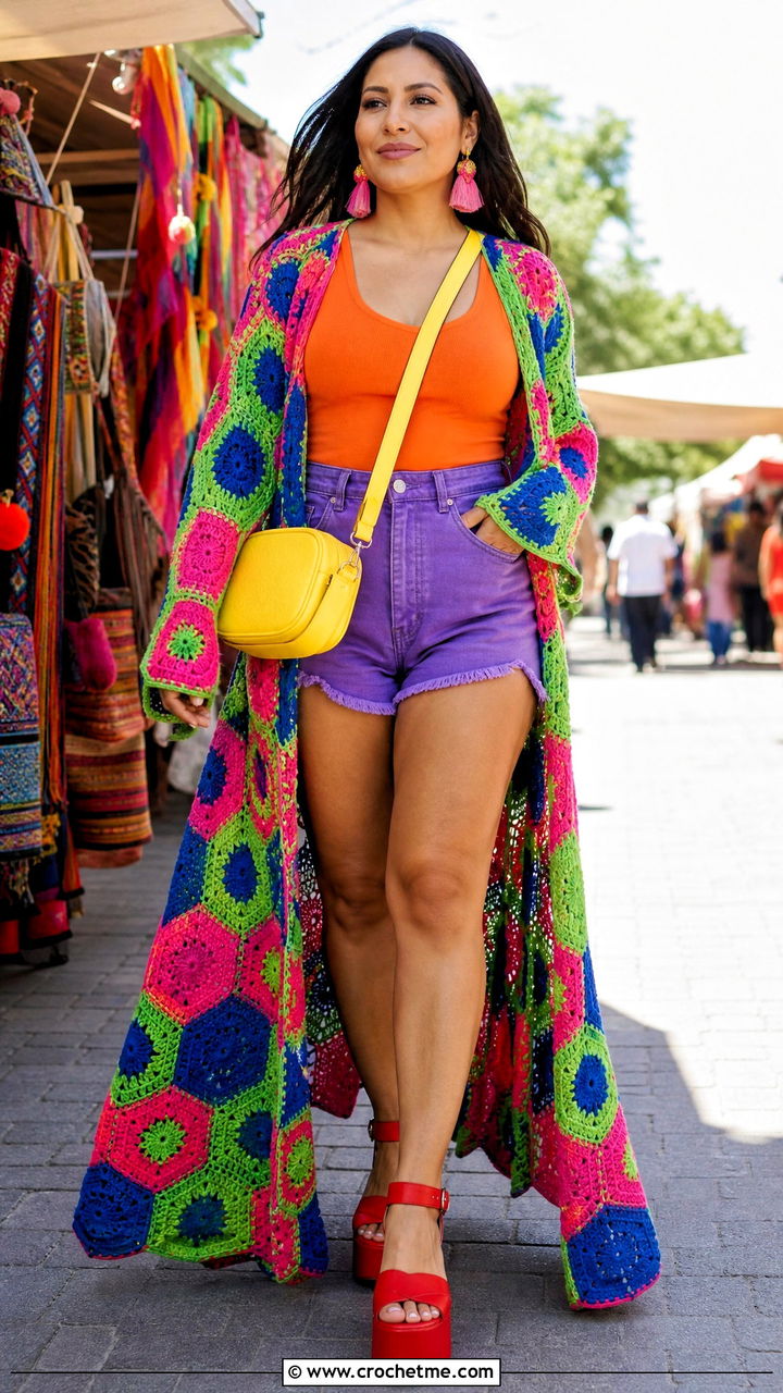 Extra Long Hexagon Cardigan With Denim Shorts - 35 crochet hexagon cardigan outfit ideas
