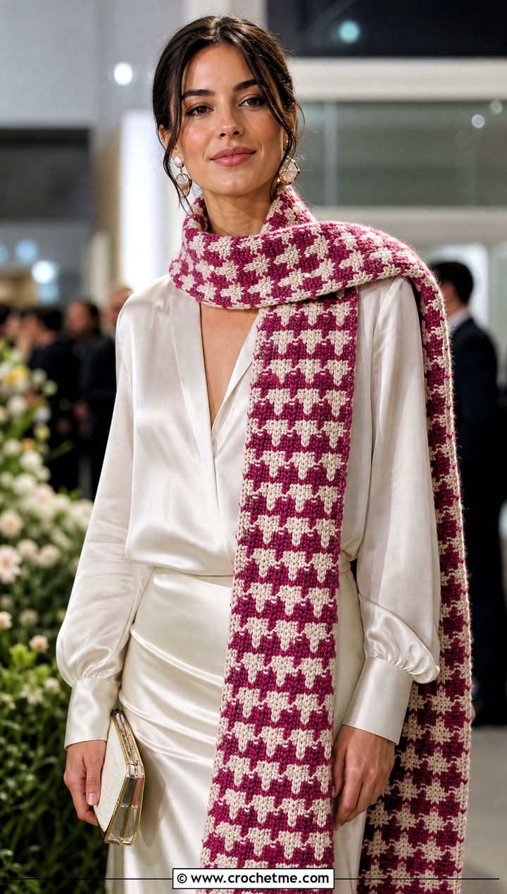 Extra Long Houndstooth Crochet Scarf With Satin Separates - 15 Houndstooth Crochet Scarf outfit ideas