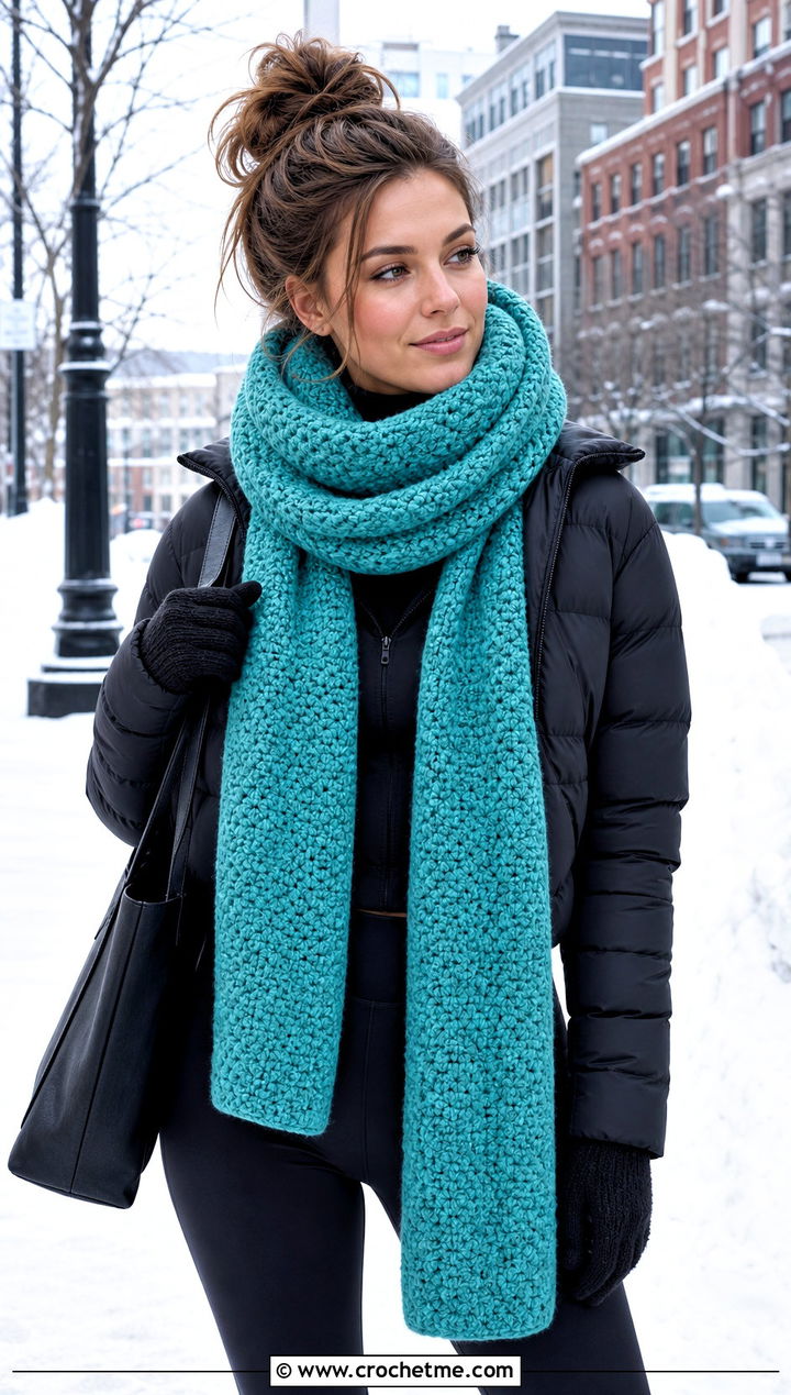 Extra Long Moss Stitch Crochet Cowl With Puffer Jacket - 15 Moss Stitch Crochet Cowl outfit ideas