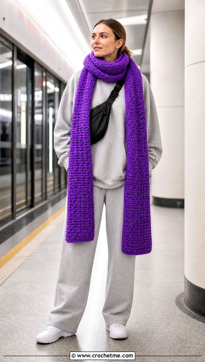 Extra Long Moss Stitch Scarf With Hoodie And Track Pants - 35 crochet moss stitch scarf outfit ideas