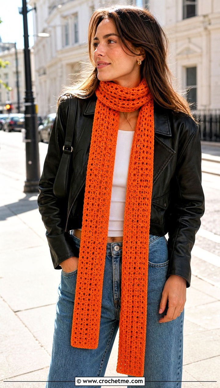 Extra Long Narrow Crochet Scarf With Leather Jacket - 25 Narrow Crochet Scarf outfit ideas