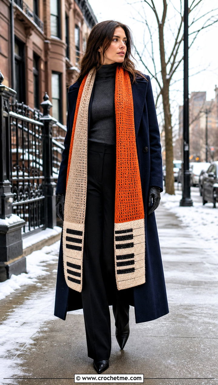 Extra Long Piano Scarf With Maxi Coat - 35 crochet piano scarf outfit ideas