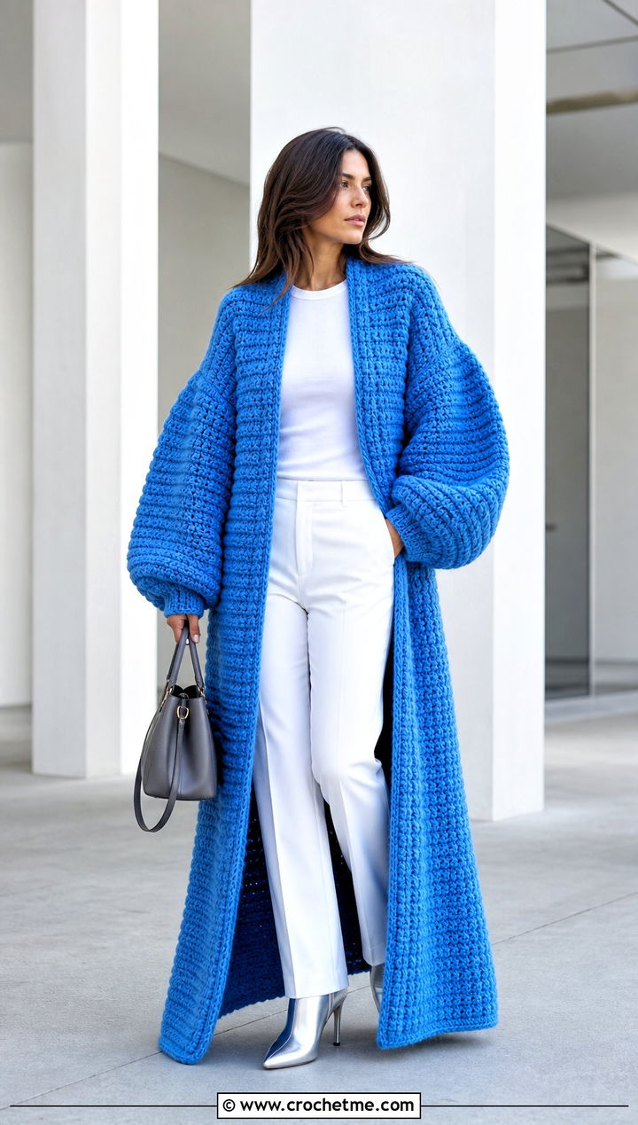 Extra Long Puffy Crochet Cardigan With Monochrome Basics - 30 puffy crochet cardigan outfit ideas