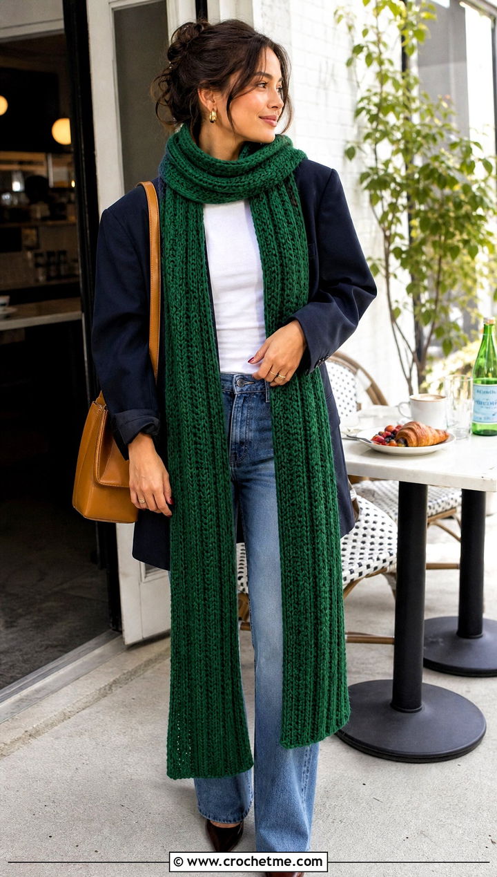 Extra Long Ribbed Crochet Scarf With Blazer And Jeans - 20 Ribbed Crochet Scarf outfit ideas