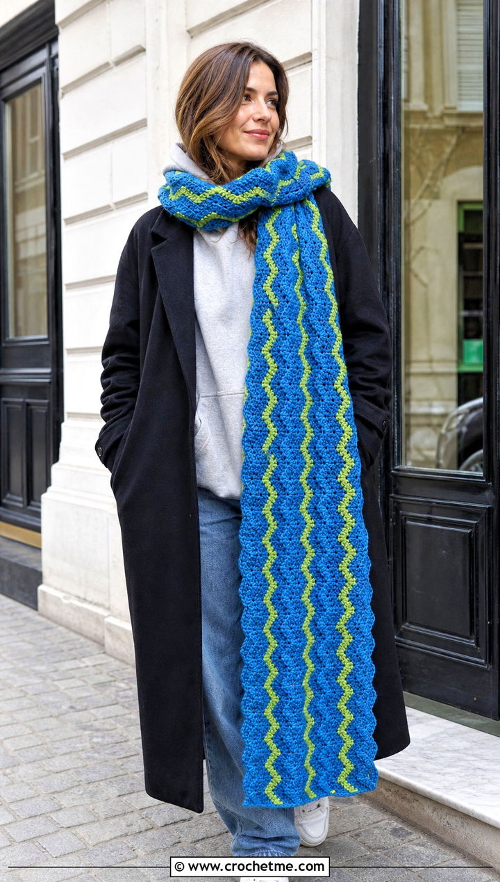 Extra Long Ripple Crochet Scarf With Hoodie And Coat - 25 Zig Zag Crochet Scarf outfit ideas