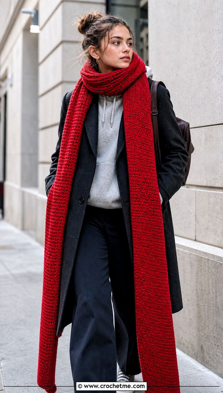 Extra Long Single Crochet Scarf With Hoodie And Tailored Coat - 25 Single Crochet Scarf outfit ideas