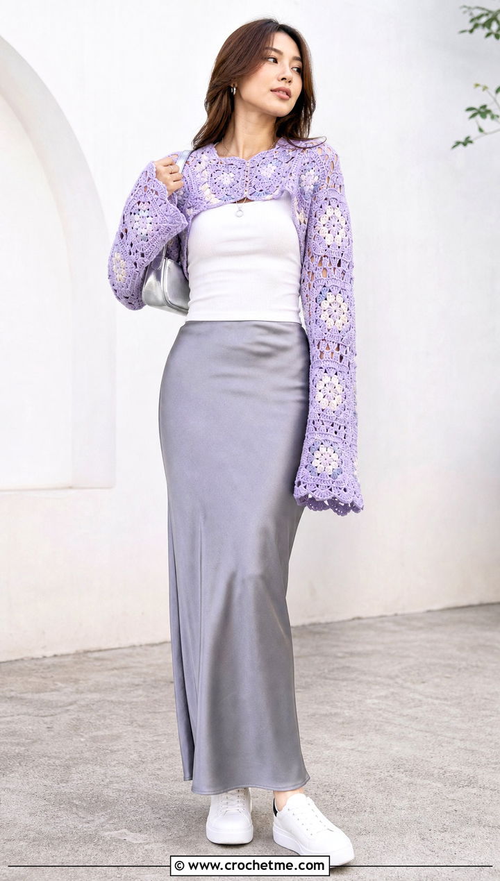 Extra Long Sleeve Granny Square Bolero With Slip Skirt - 35 granny square bolero outfit ideas