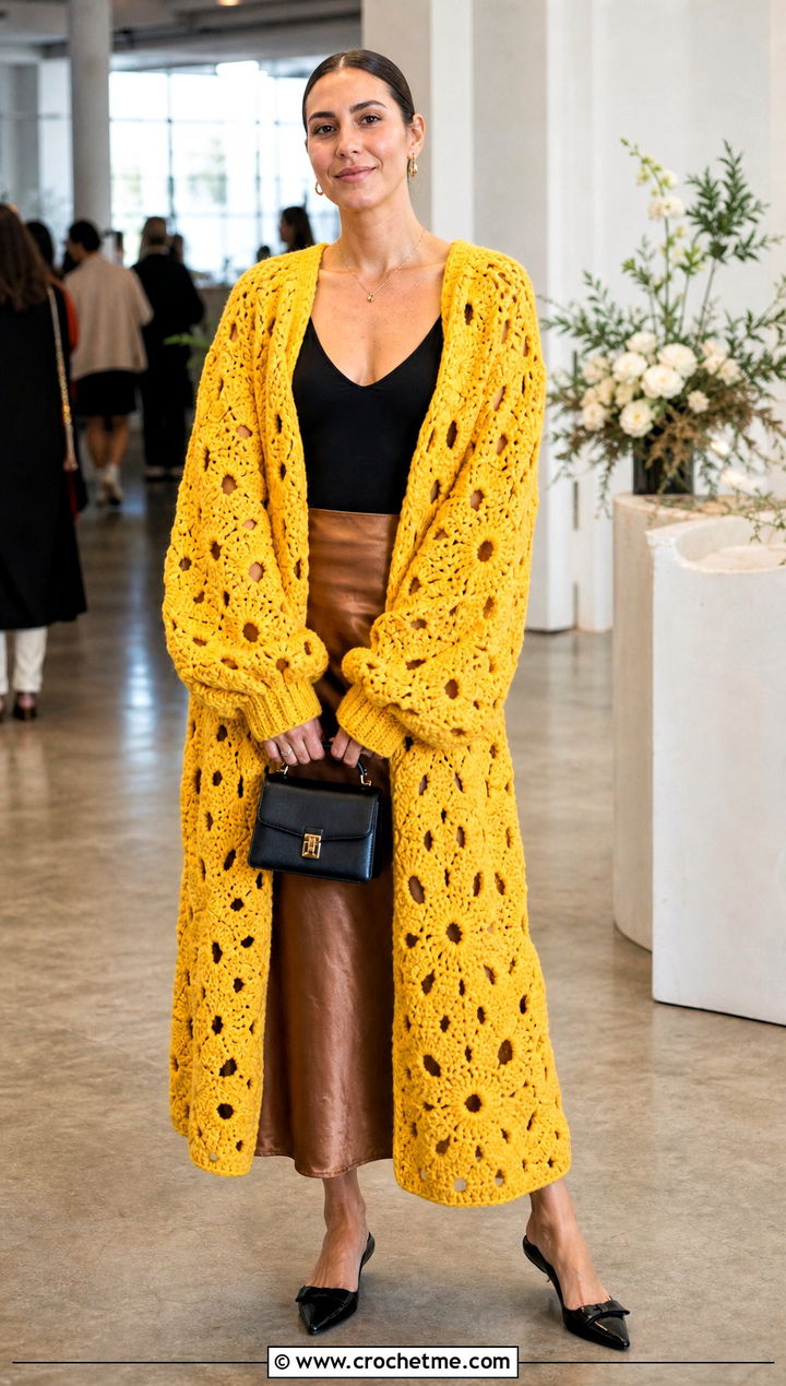 Extra Long Sleeve Hexagon Cardigan With Slip Skirt - 35 granny square hexagon cardigan outfit ideas