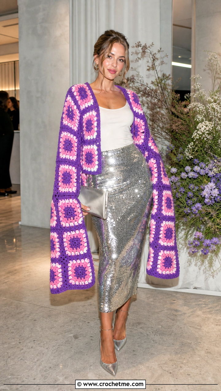 Extra Long Sleeve Oversized Granny Square Sweater With Sequin Skirt - 30 oversized granny square sweater outfit ideas
