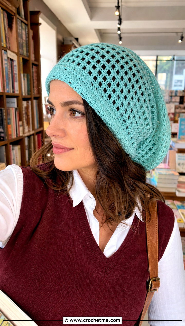 Extra Long Slouch Crochet Mesh Beanie With Sweater Vest - 25 crochet mesh beanie outfit ideas