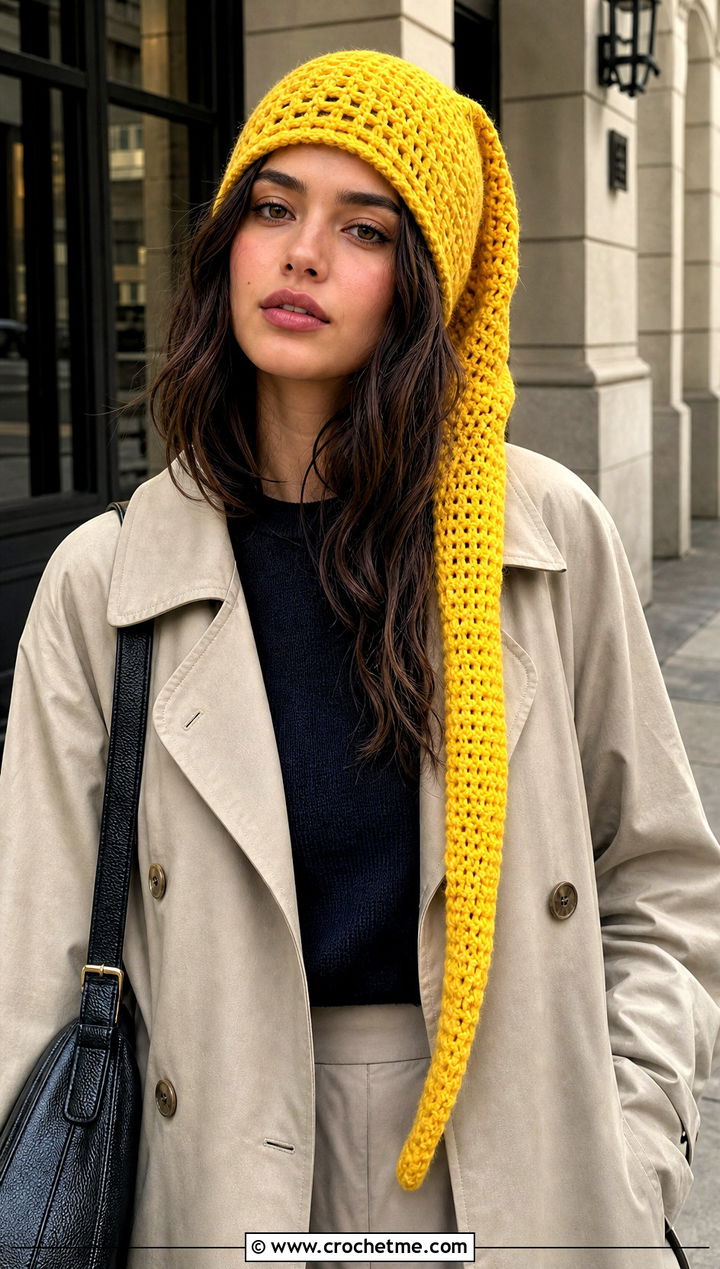 Extra Long Stocking Crochet Hat With Trench Coat - 30 crochet long hat outfit ideas