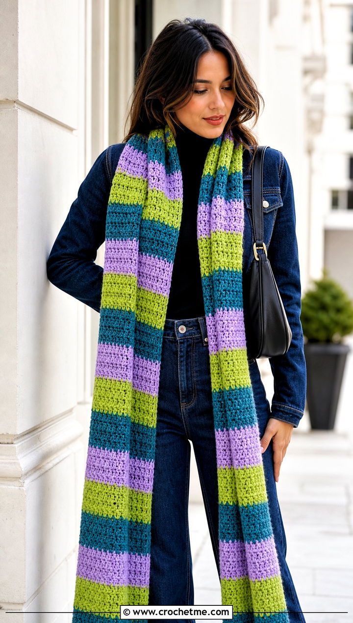 Extra Long Stripe Crochet Scarf With Cropped Jacket - 30 Stripe Crochet Scarf outfit ideas