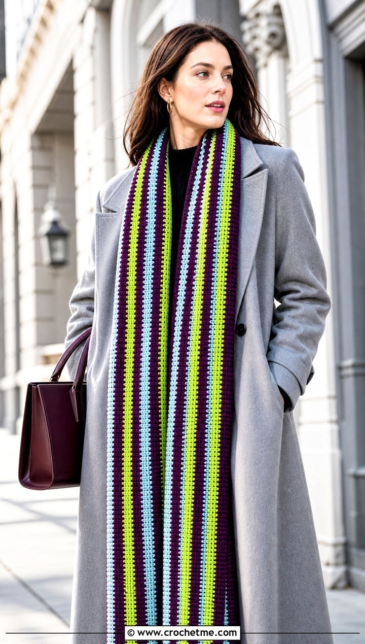 Extra Long Striped Crochet Scarf With Maxi Coat - 30 striped crochet scarf outfit ideas