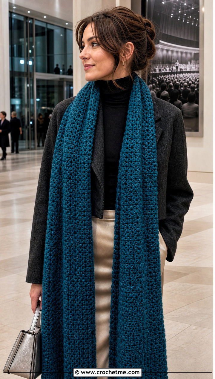 Extra Long Thermal Stitch Crochet Scarf With Satin Skirt - 20 Thermal Stitch Crochet Scarf outfit ideas