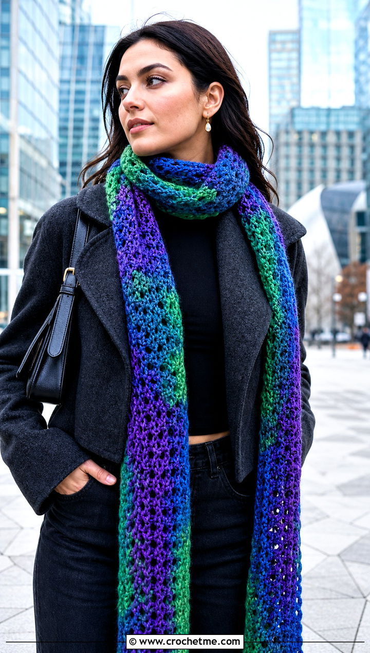 Extra Long Variegated Crochet Scarf With Cropped Jacket - 25 Variegated Yarn Crochet Scarf outfit ideas