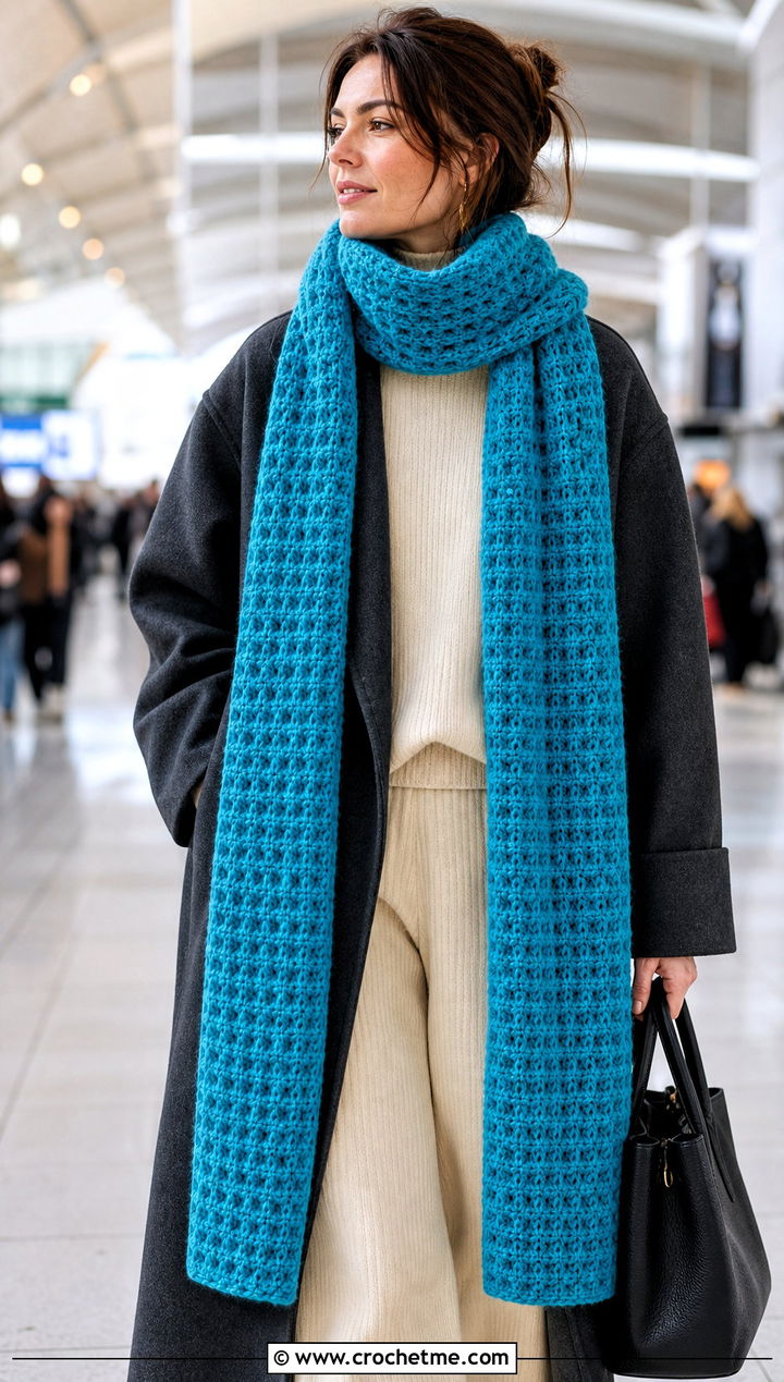 Extra Long Waffle Stitch Crochet Scarf With Knit Set - 30 waffle stitch crochet scarf outfit ideas