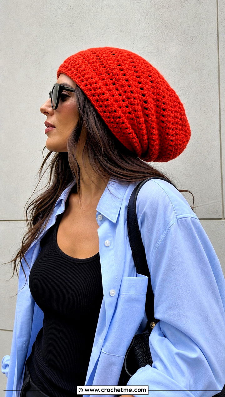 Extra Slouchy Crochet Beanie With Oversized Shirt - 25 Easy Slouchy Crochet Beanie outfit ideas