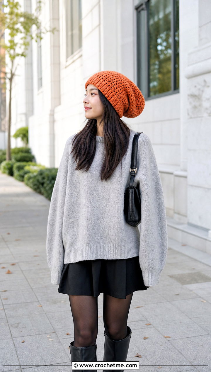Extra Slouchy Crochet Beanie With Oversized Sweater And Mini Skirt - 35 crochet slouch beanie outfit ideas