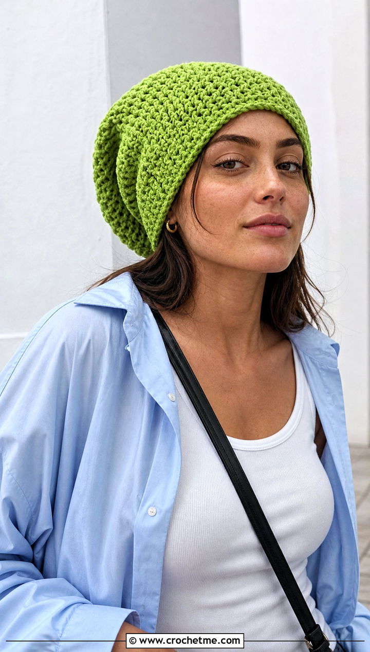 Extra Slouchy Crochet Hat With Oversized Shirt And Bike Shorts - 25 easy crochet slouch hat outfit ideas