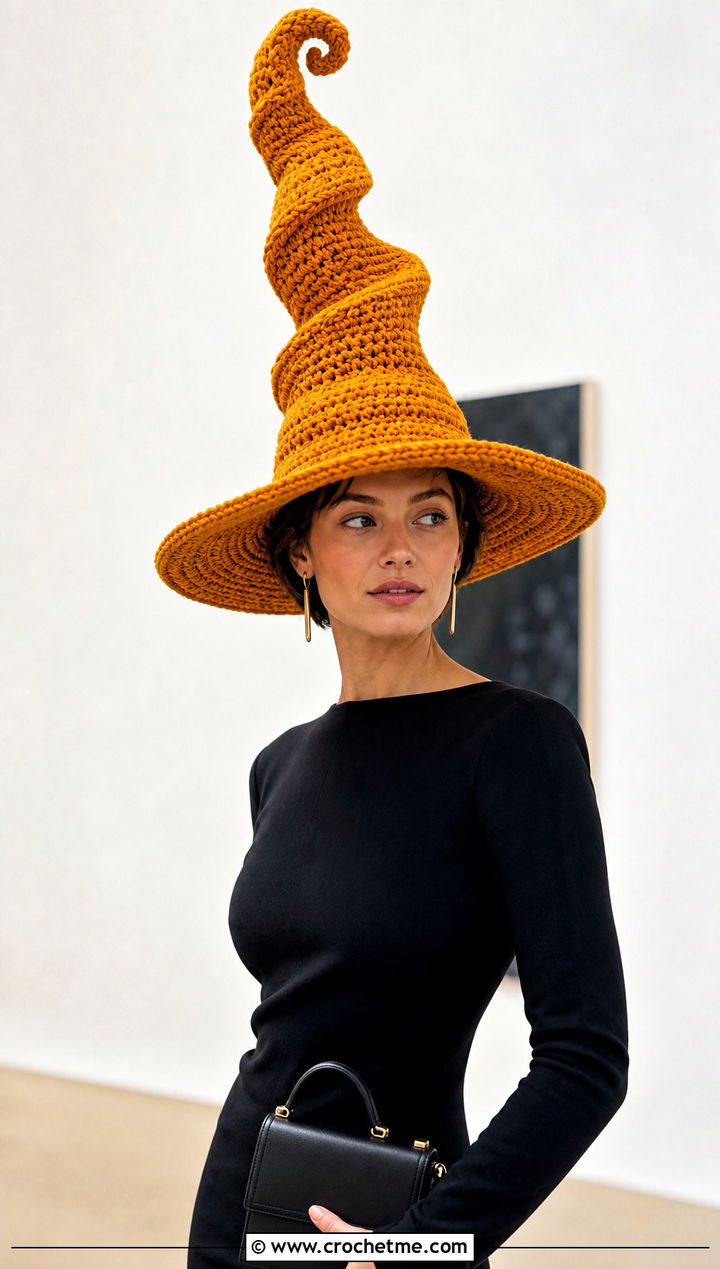 Extra Tall Crochet Twisted Witch Hat With Minimalist Dress - 25 crochet twisted witch hat outfit ideas