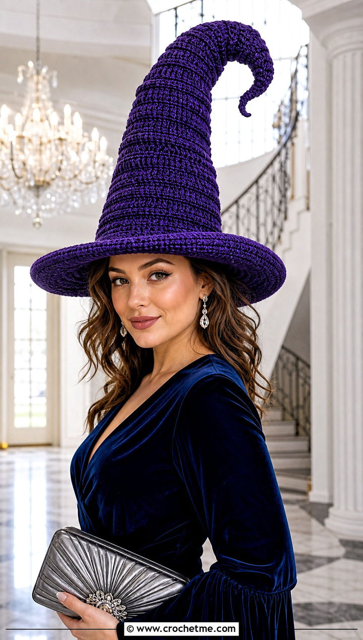 Extra Tall Crooked Witchs Crochet Hat With Velvet Dress - 15 Witch's Crochet Hat outfit ideas