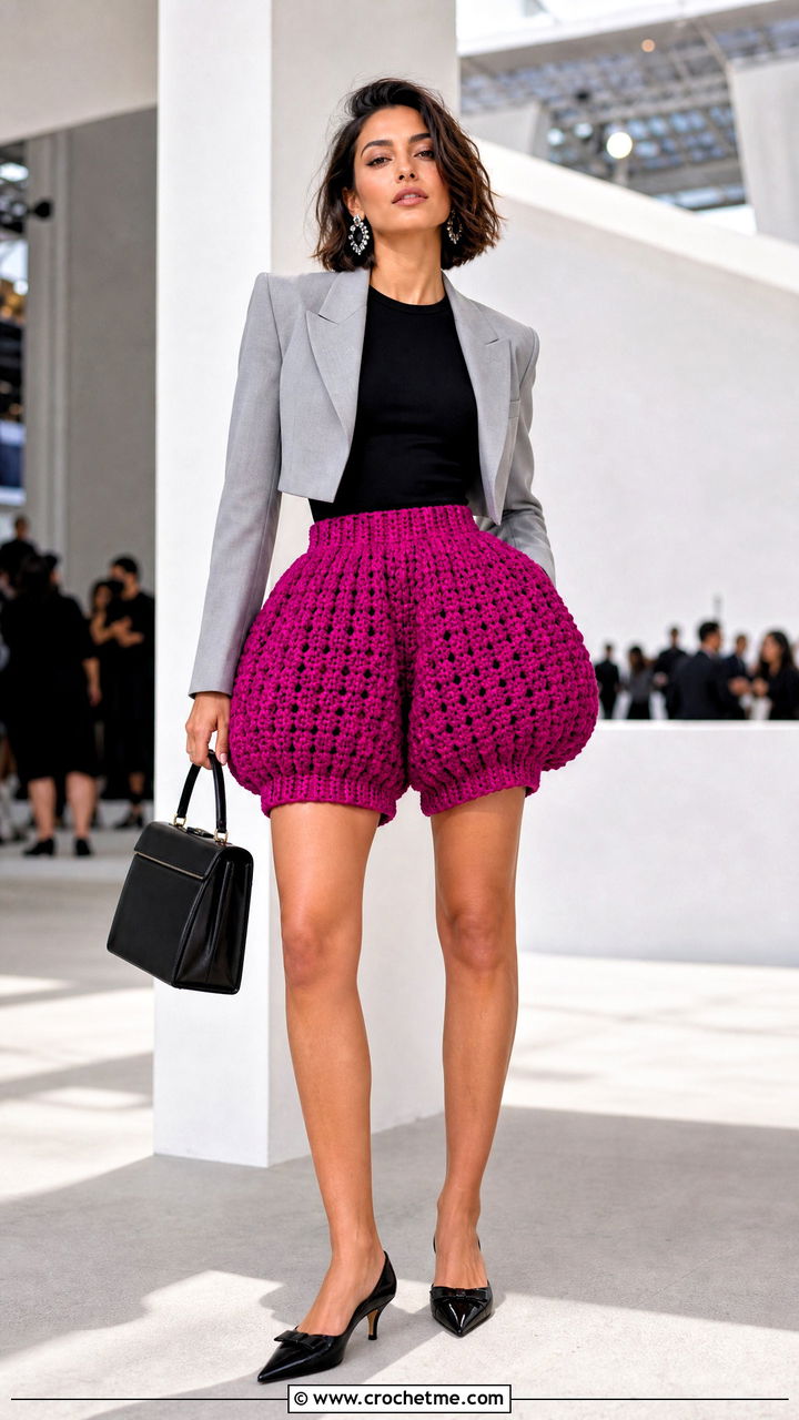 Extra Volume Crochet Bloomer Shorts With Cropped Blazer - 35 crochet bloomer shorts outfit ideas