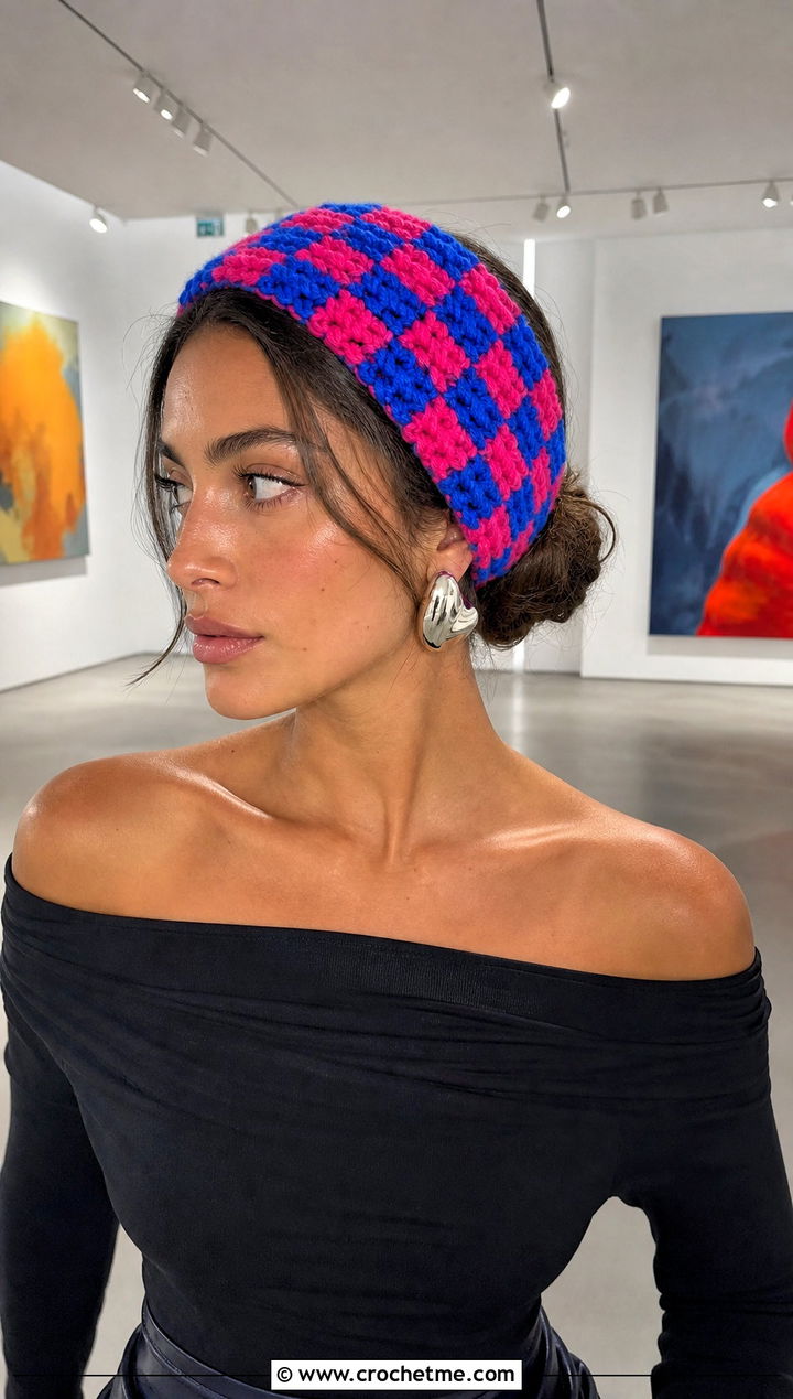 Extra Wide Crochet Checkered Headband With Off Shoulder Top And Satin Skirt - 25 crochet checkered headband outfit ideas