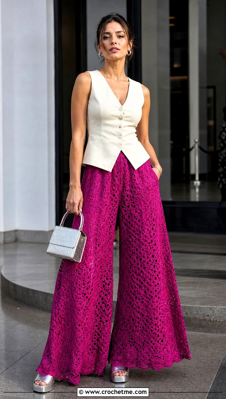 Extra Wide Crochet Palazzo Pants With Fitted Vest Top - 30 crochet palazzo pants outfit ideas