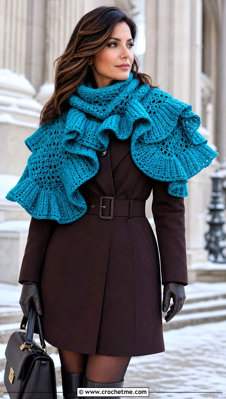 Extra Wide Ruffle Scarf With Coat Dress And Knee Boots - 30 crochet ruffle scarf outfit ideas