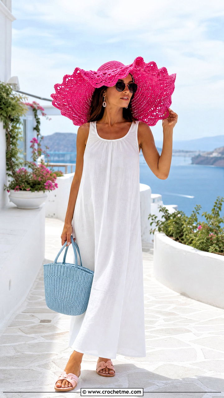 Extra Wide Ruffle Sun Hat With Maxi Dress - 35 crochet ruffle hat outfit ideas