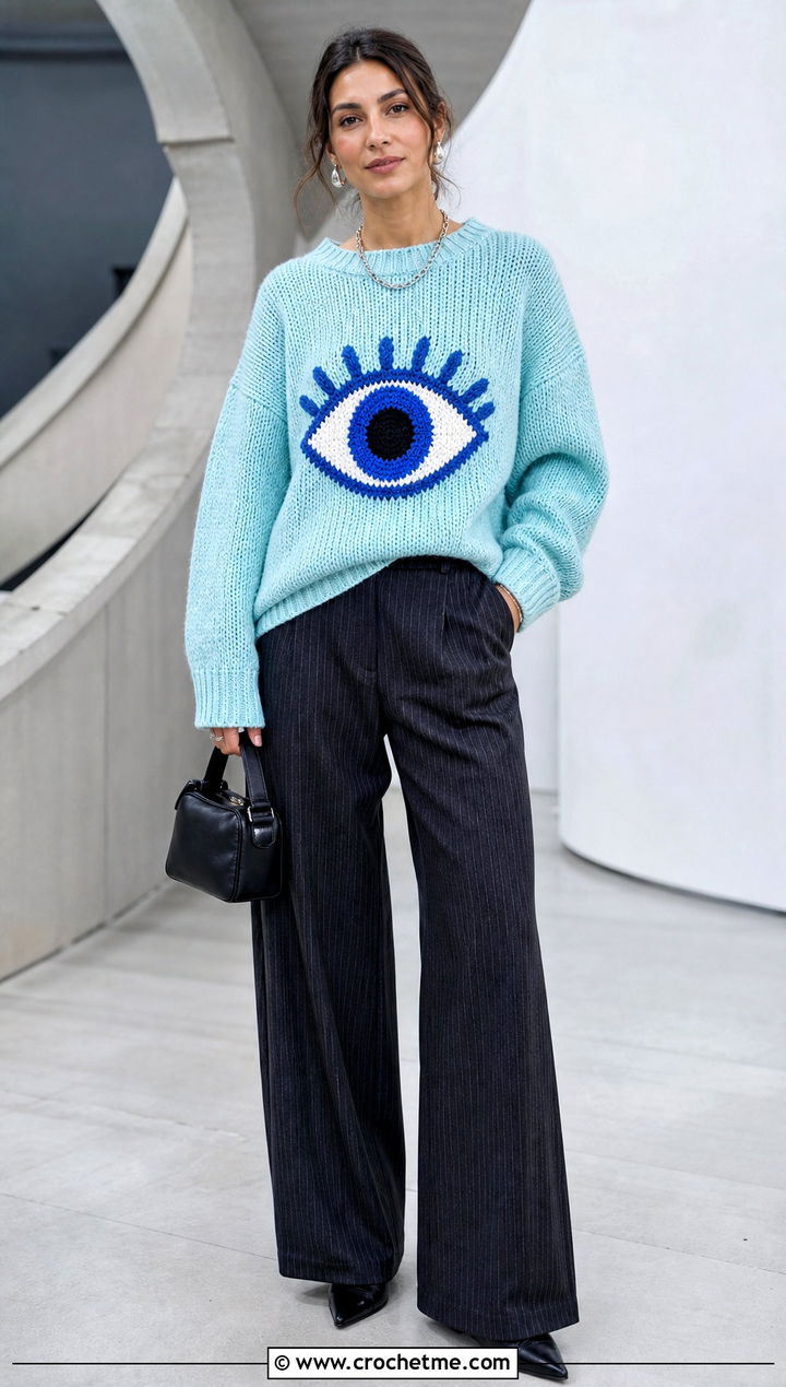 Eye Crochet Graphic Sweater With Pinstripe Pants - 30 crochet graphic sweater outfit ideas