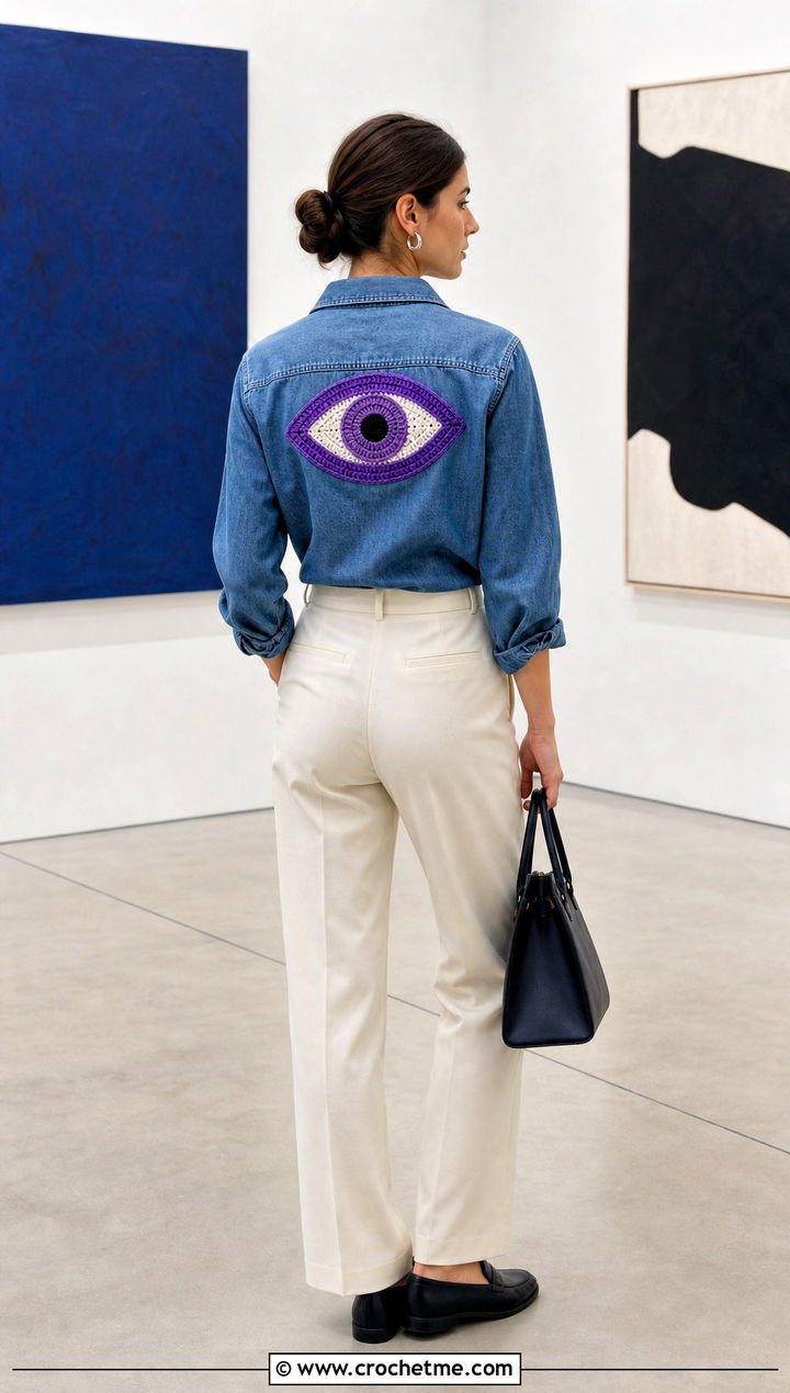 Eye Crochet Patch Denim Shirt Outfit - 30 crochet patches on clothes and outfit ideas