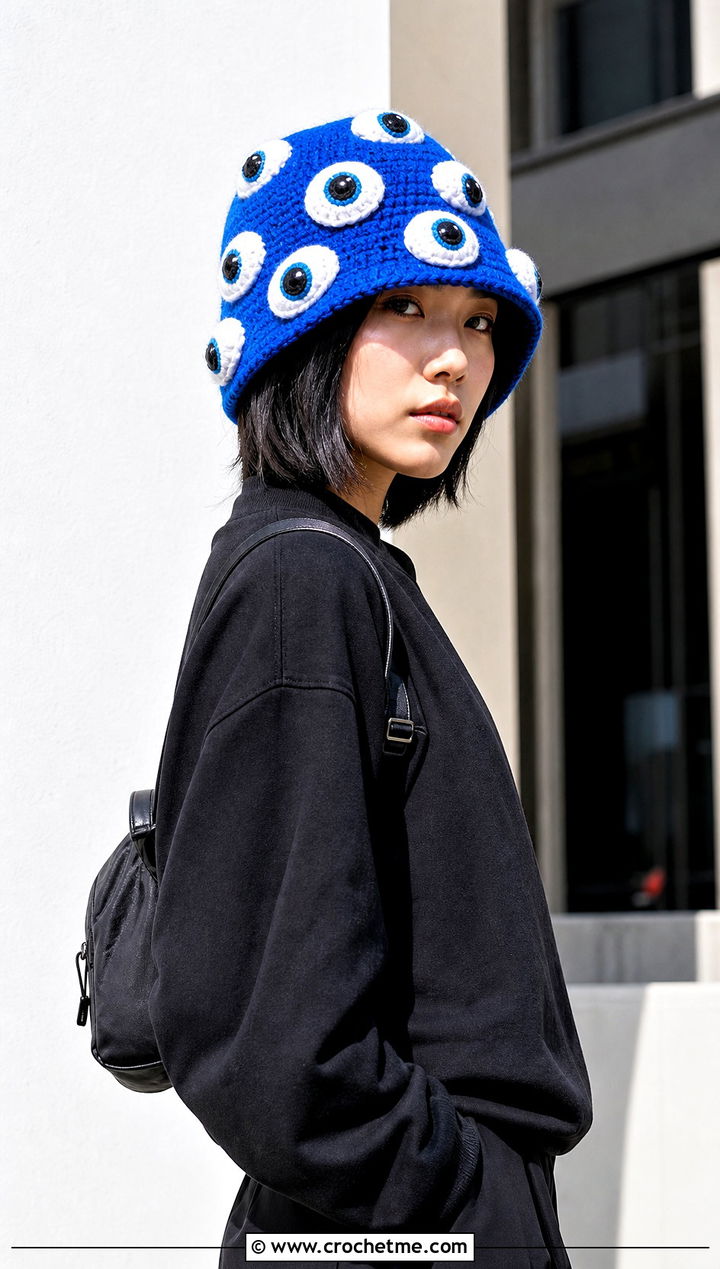 Eyeball Crochet Bucket Hat With A Monochrome Outfit - 30 funny crochet hat outfit ideas