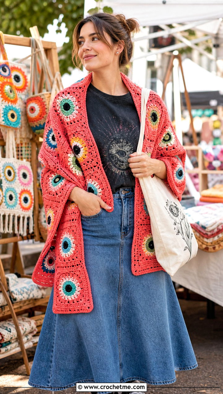 Eyeball Granny Shawl With Graphic Tee and Denim Skirt - 25 halloween crochet shawl outfit ideas