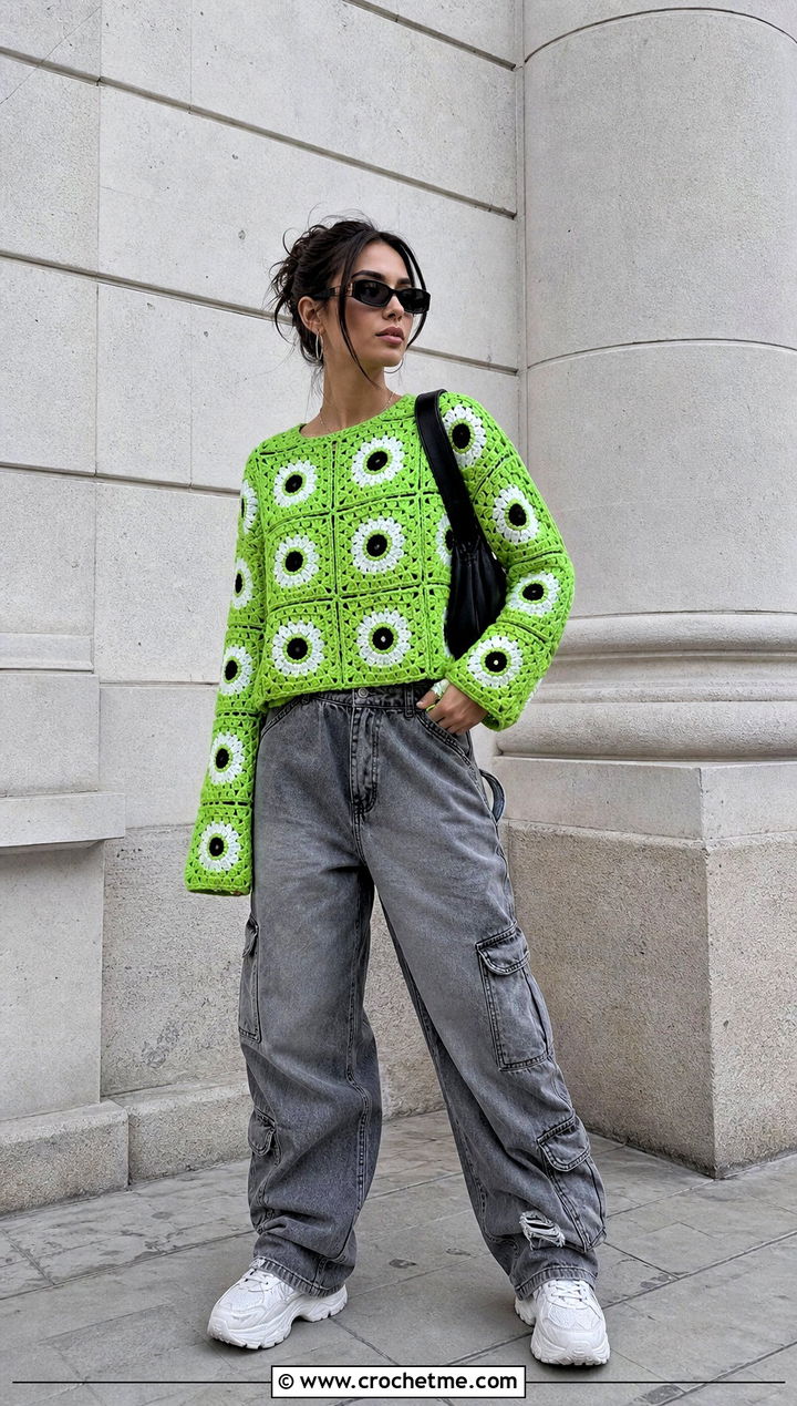 Eyeball Granny Square Crochet Halloween Sweater With Cargo Jeans - 35 Crochet Halloween Sweater outfit ideas