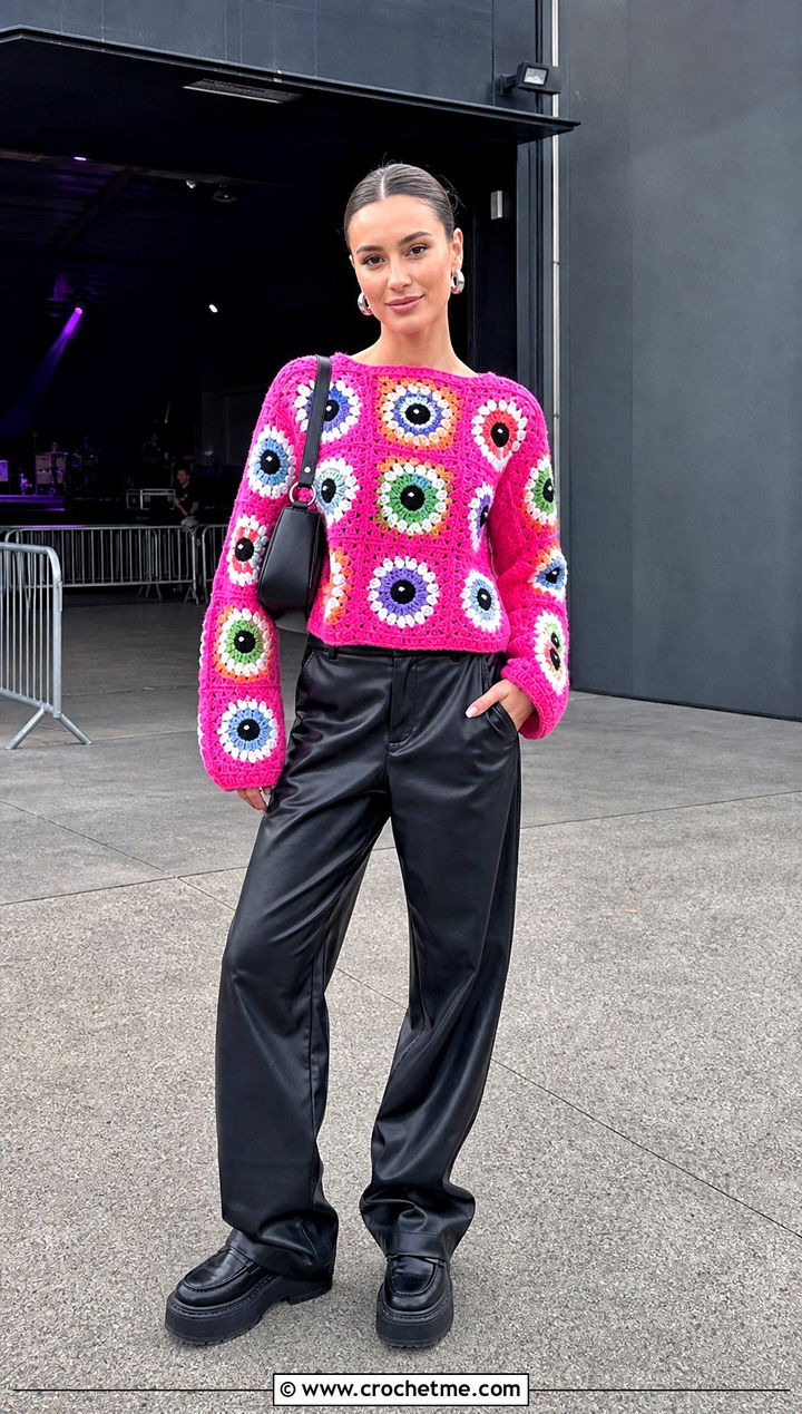 Eyeball Granny Square Crochet Sweater With Leather Pants - 15 Spooky Crochet Sweater outfit ideas