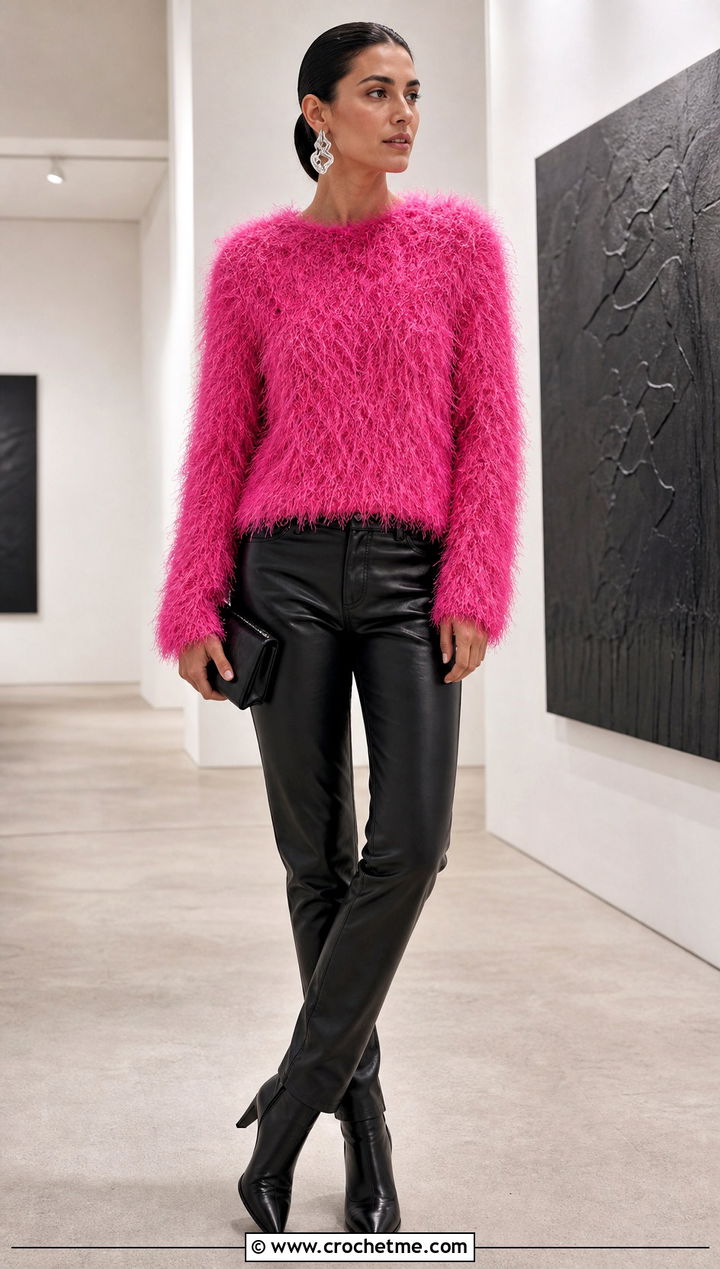 Eyelash Yarn Crochet Sweater With Black Leather Pants - 35 fluffy crochet sweater outfit ideas
